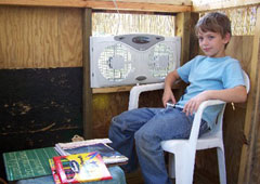 A child being homeschooled in a tree house